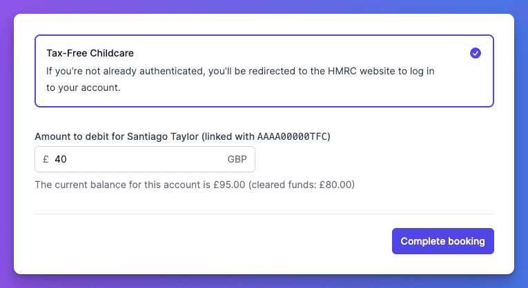 Tax-Free Childcare payment interface showing payment being made