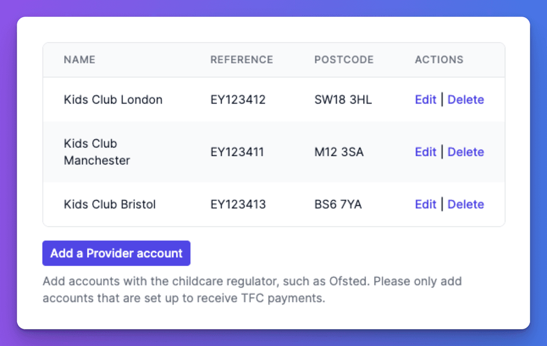Multiple TFC provider accounts management interface showing different locations